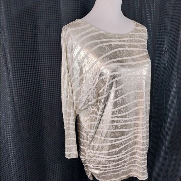 NWOT! CHICO'S! GOLD METALLIC & CREAM ABSTRACT STRIPE OVERSIZED TUNIC TOP! SZ S - Picture 5 of 13